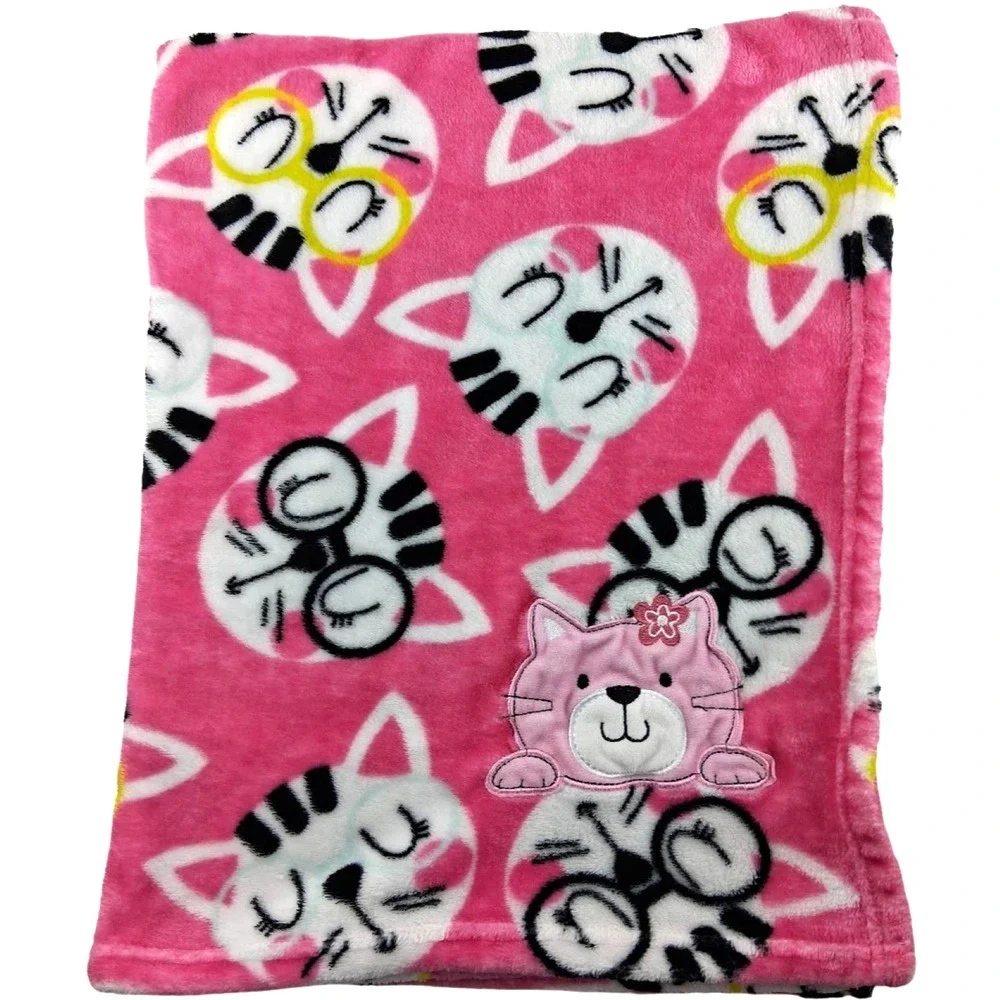 Pink Cat Face Fleece Baby Blanket Glasses Security Lovey 30x40 htf Girl Soft